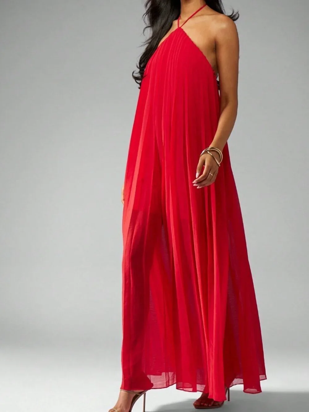 Red Casual Women's Pleated Maxi Halter Dress